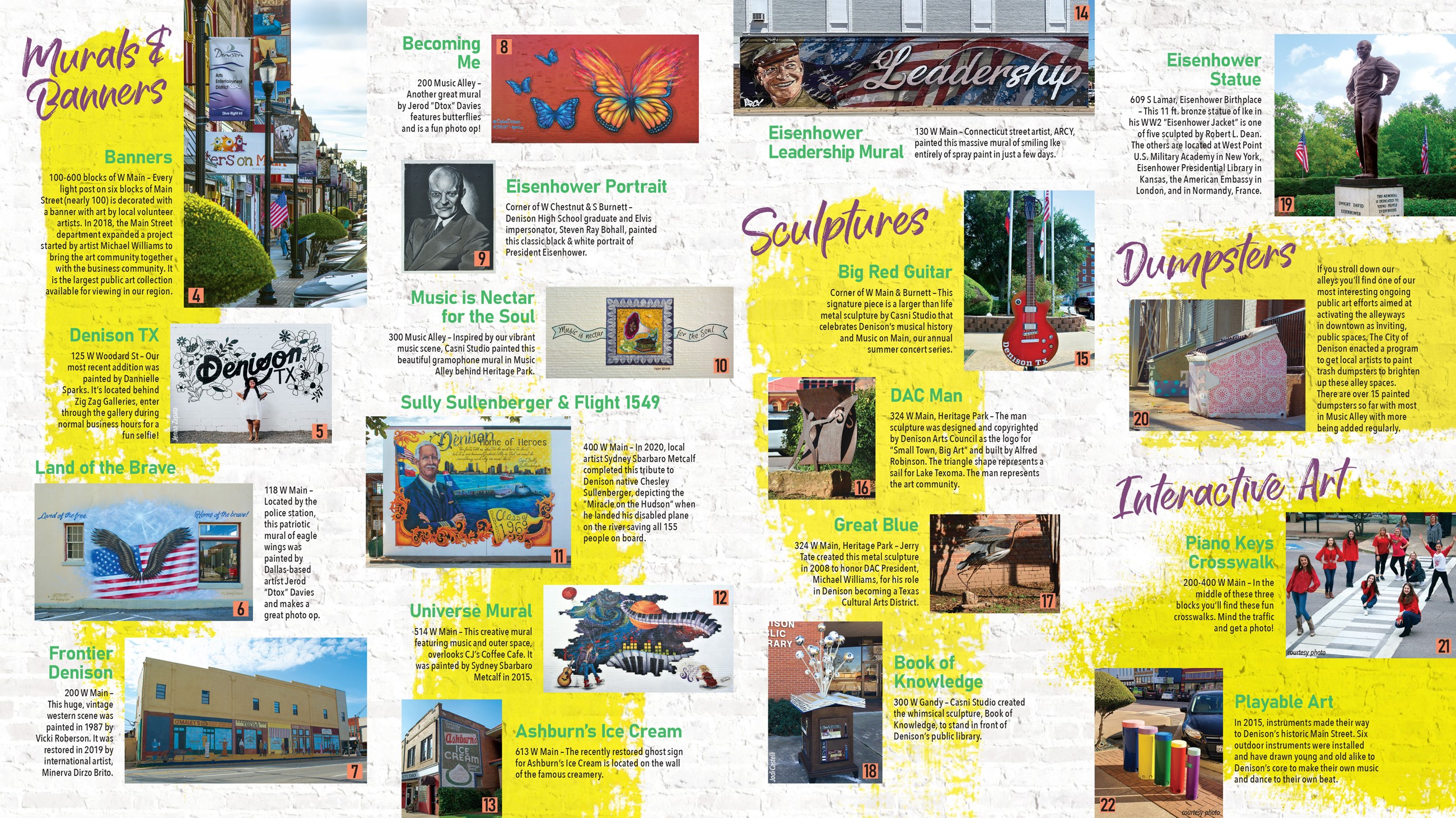Digital version of the Downtown Denison Public Art Brochure listing the existing murals, etc.
