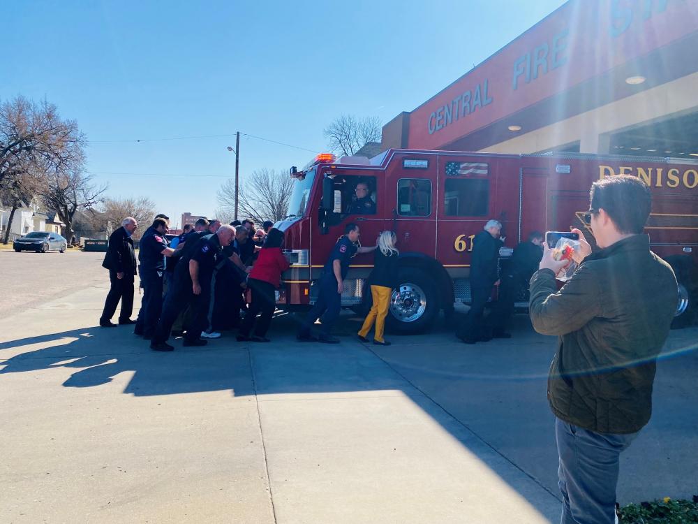 Fire truck and crowd