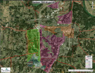 Color coded overlay of TIRZ 1, 2, 3, 4, and 5 over a satellite map of Denison